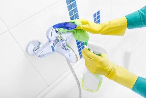 Technician checking cleaning equipment and safety precautions